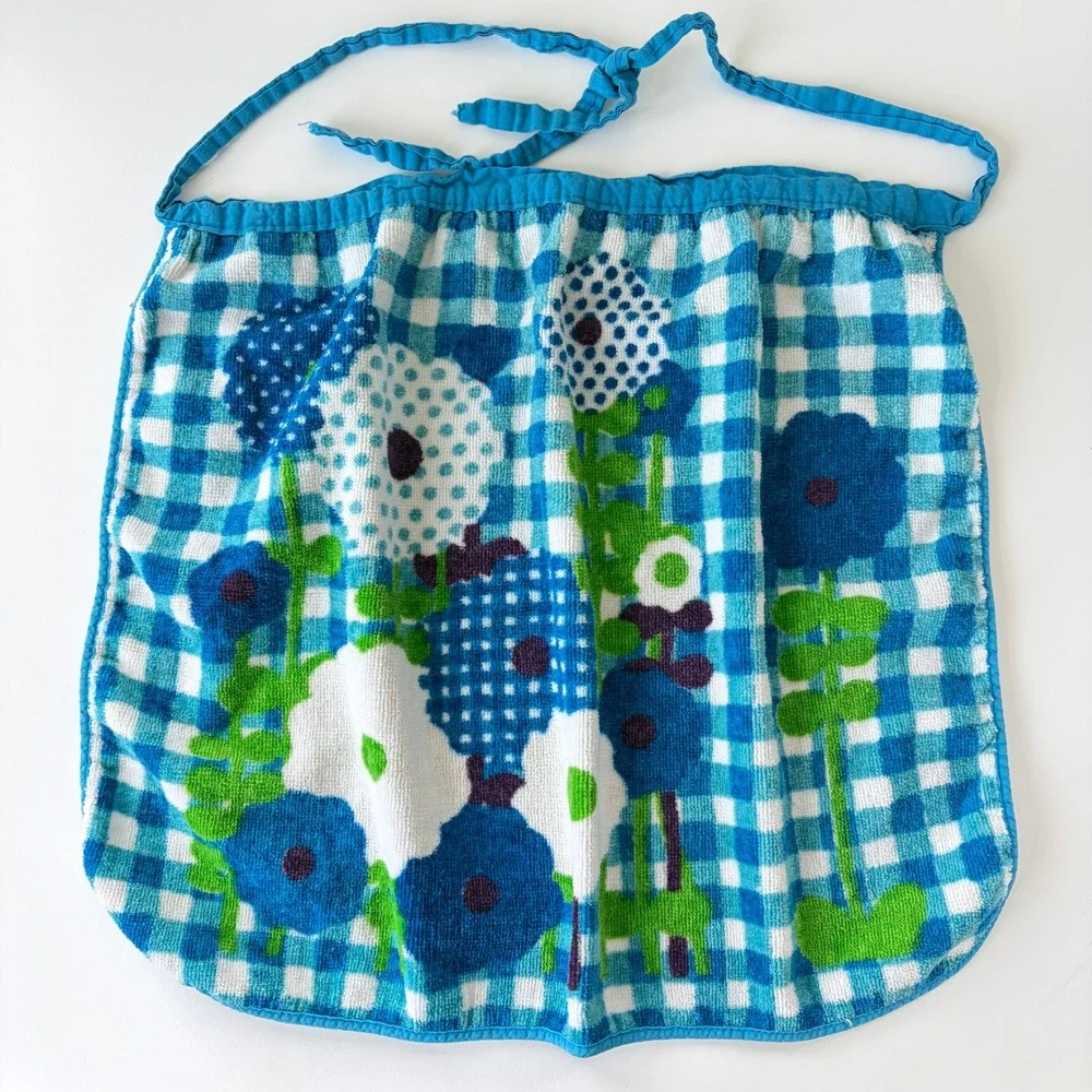 Vintage Royal Terry of California Blue Gingham Mod Floral Terry Cloth Half Apron